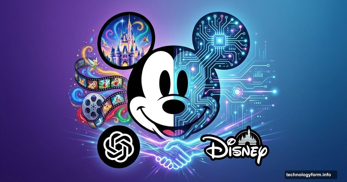 Mickey Mouse silhouette split between Disney imagery and AI neural network patterns