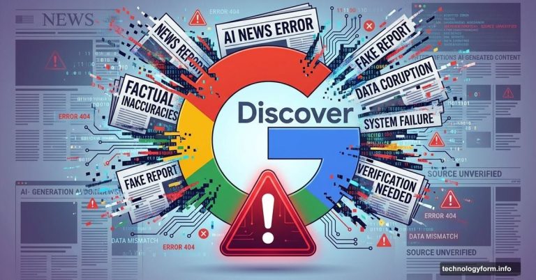 Google logo with glitching AI-generated headlines breaking apart and warning symbols