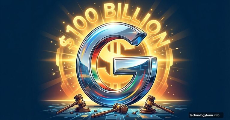 Google logo standing triumphant over broken gavels with glowing dollars