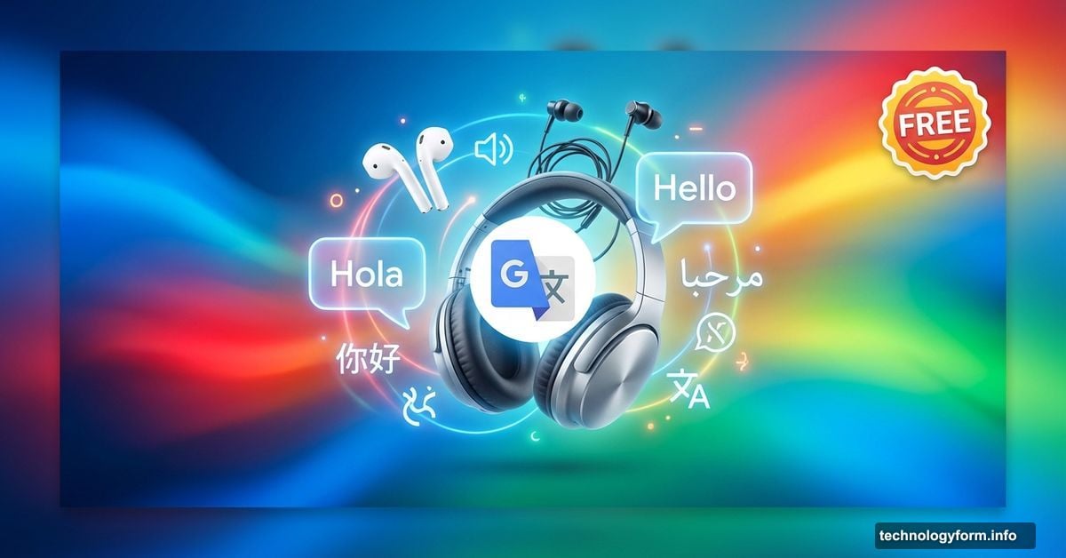 Regular headphones with glowing multilingual translation speech bubbles and Google icon