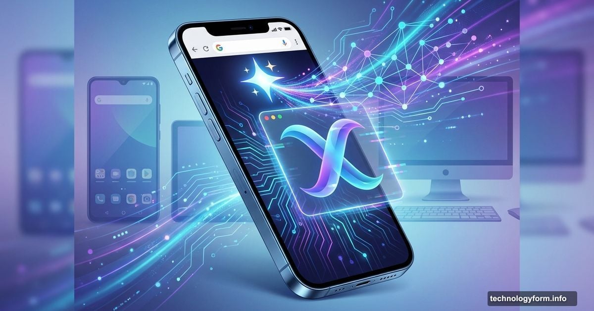 iPhone displaying Chrome browser with glowing Gemini AI sparkle icon