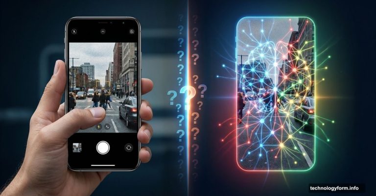 Smartphone camera photo merging with AI-generated image, indistinguishable boundary