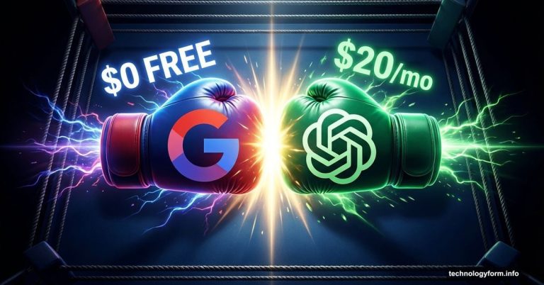 Google Gemini and OpenAI logos as boxing gloves competing in ring