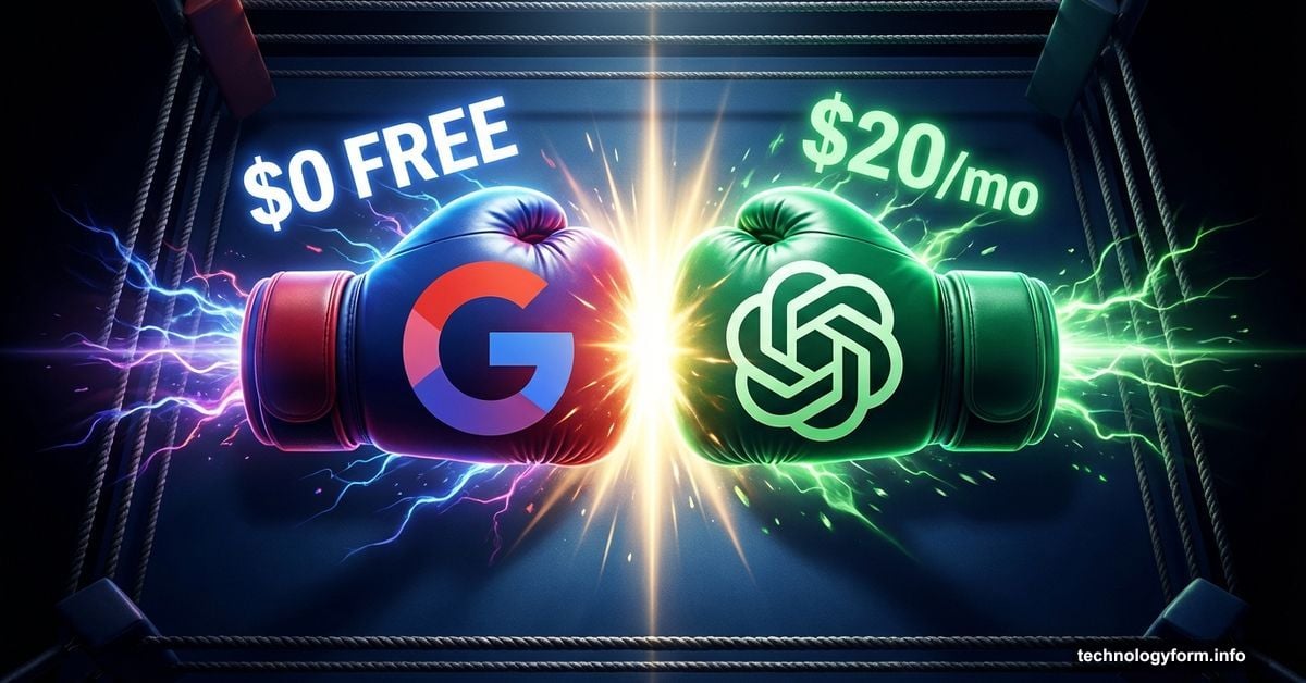 Google Gemini and OpenAI logos as boxing gloves competing in ring