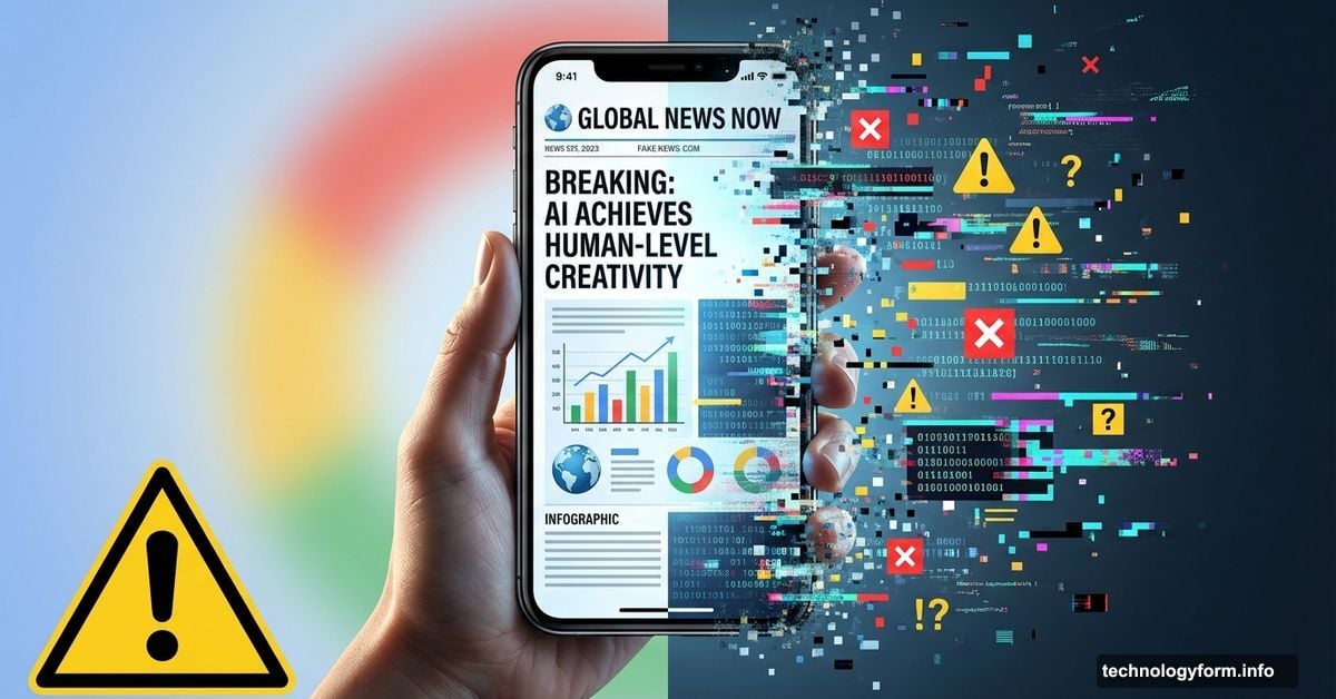 Realistic smartphone with fake content dissolving into digital glitch and warning symbols