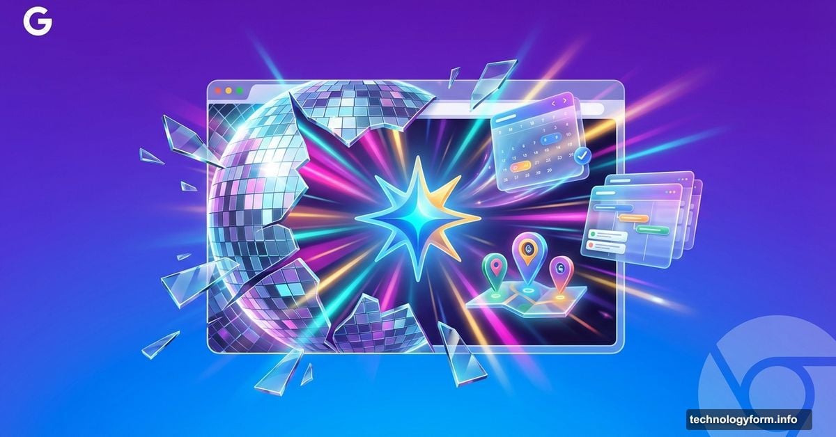 Browser tab transforming into interactive AI-powered apps with disco ball effect