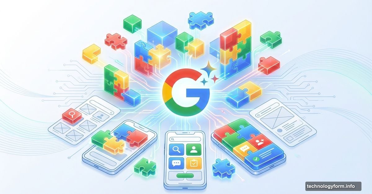 Google Gemini logo with self-assembling app building blocks and interfaces
