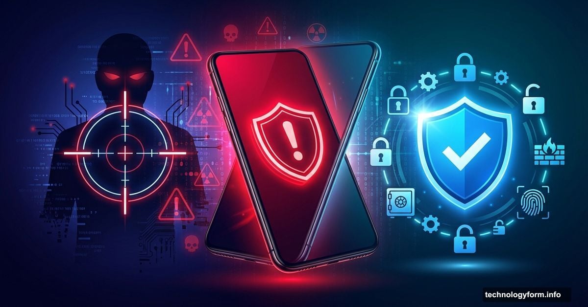 Smartphone displaying government spyware warning alert with threat and security symbols