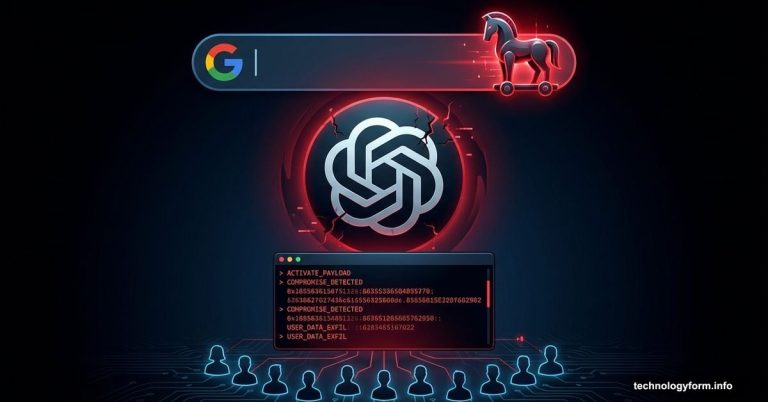 ChatGPT logo glowing ominously above terminal with malicious code and Google search