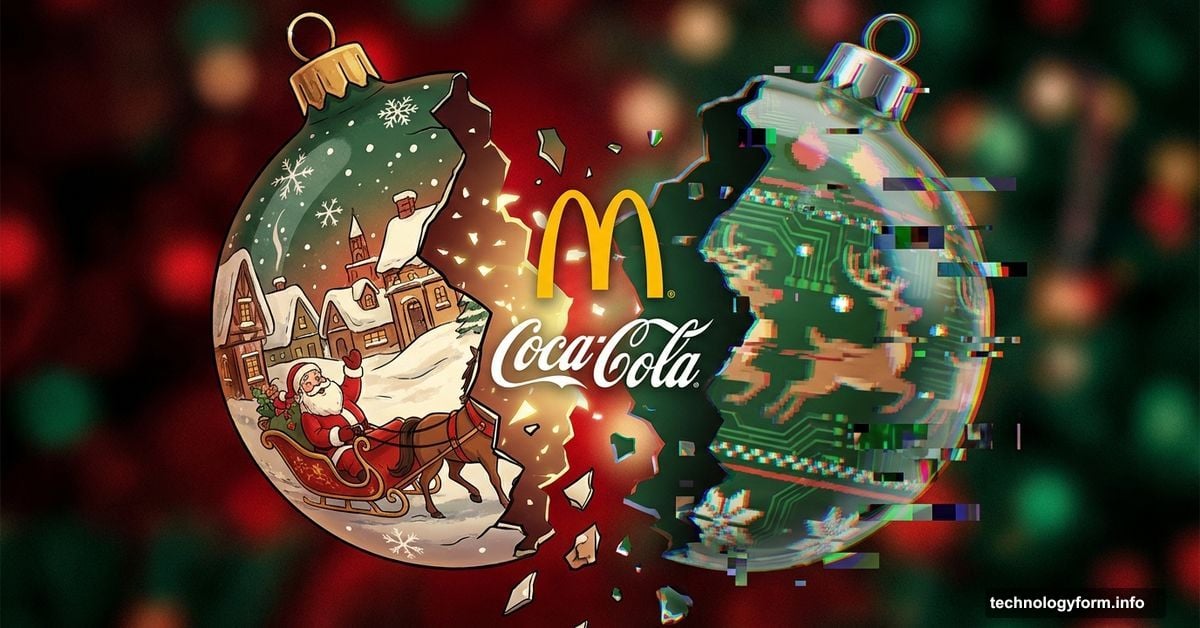 Cracked Christmas ornament showing traditional animation versus AI-generated imagery divide