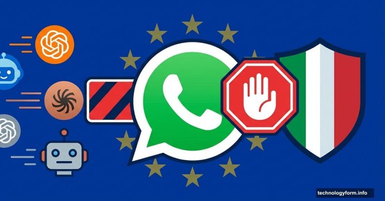 WhatsApp logo blocked by stop sign, Italian flag intervening against Meta's AI chatbot ban