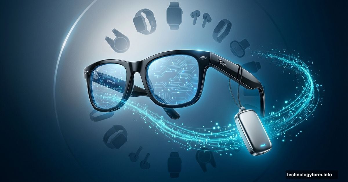Ray-Ban smart glasses connected to AI pendant symbolizing Meta's wearable expansion