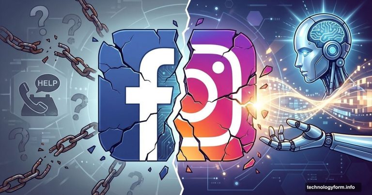 Broken Facebook and Instagram logos being repaired by AI assistant