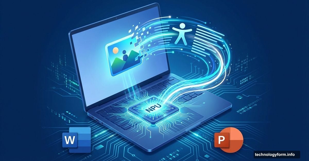Copilot+ laptop with glowing AI chip automatically converting images to accessible text
