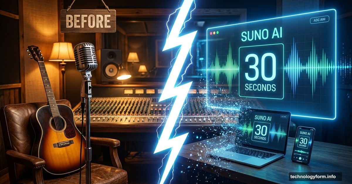 Nashville recording studio split between traditional equipment and AI music generation