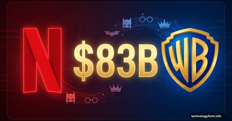 Netflix logo merging with Warner Bros shield connected by $83B dollar sign