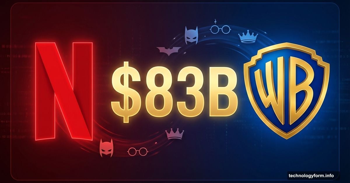 Netflix logo merging with Warner Bros shield connected by $83B dollar sign