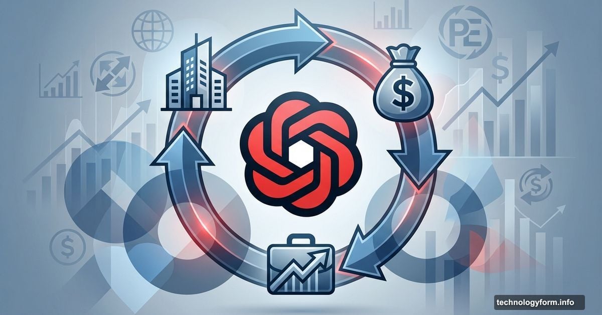 OpenAI logo at center of circular arrows connecting investment symbols