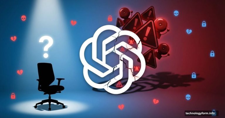 OpenAI logo cracked with warnings, empty chair awaiting safety hire