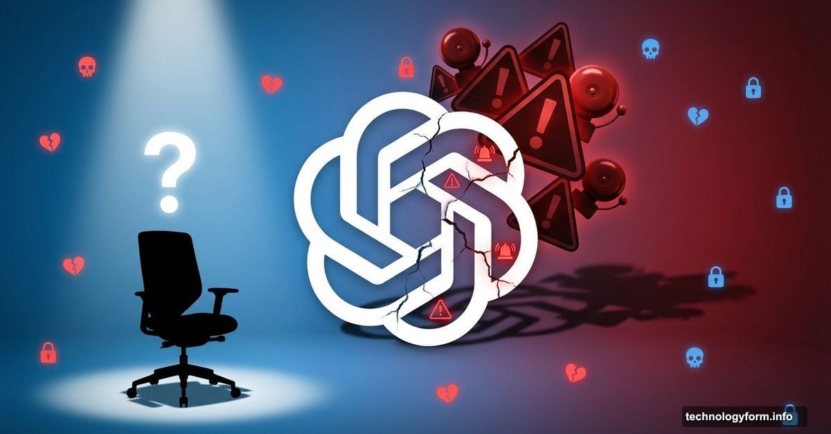 OpenAI logo cracked with warnings, empty chair awaiting safety hire