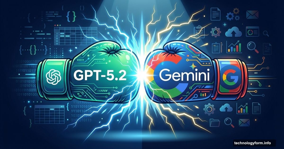 OpenAI GPT-5.2 and Google Gemini boxing gloves colliding in AI competition