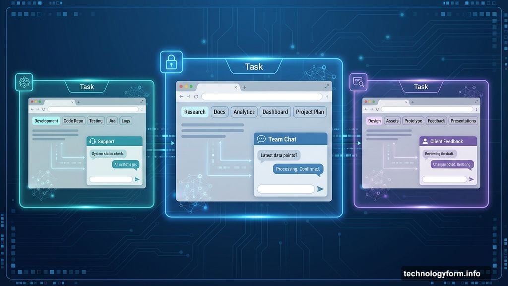 Tasks combine AI chats with related tabs in separate workspaces