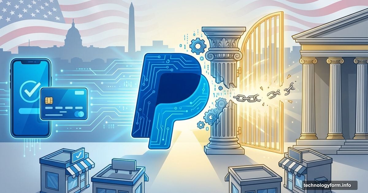 PayPal logo transforming into bank building with open regulatory gate
