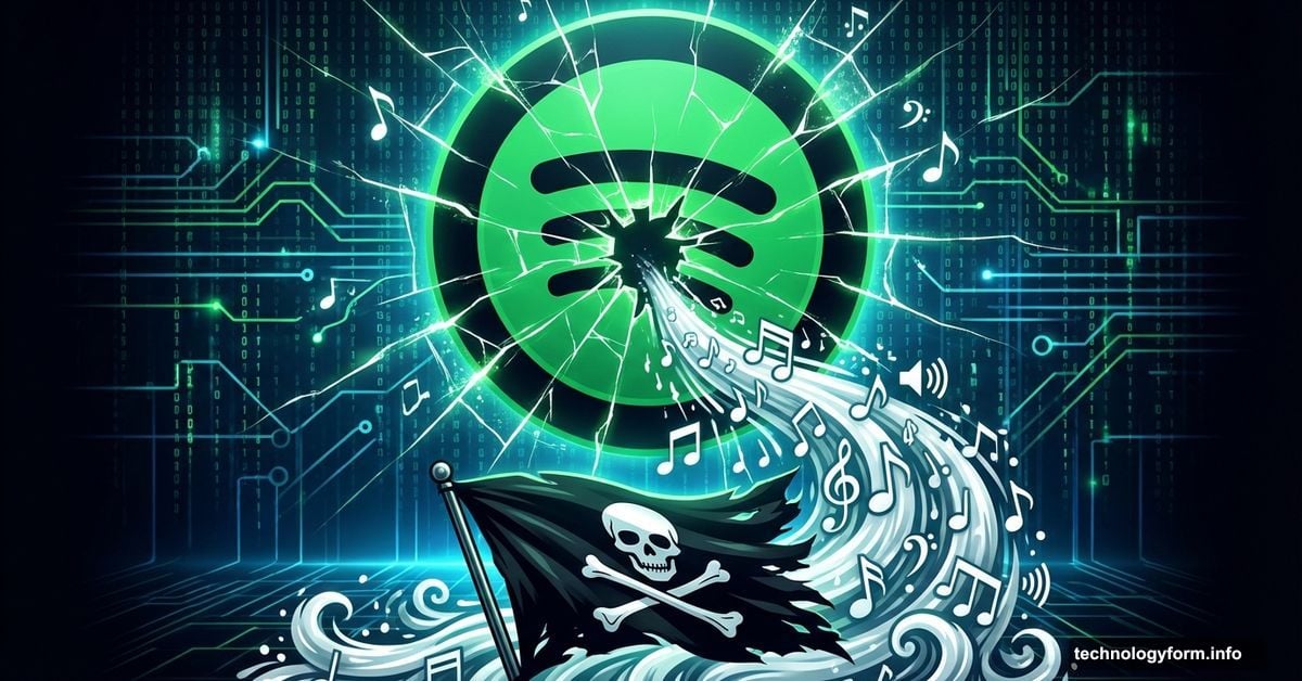 Spotify logo cracking apart with music notes flooding into pirate flag