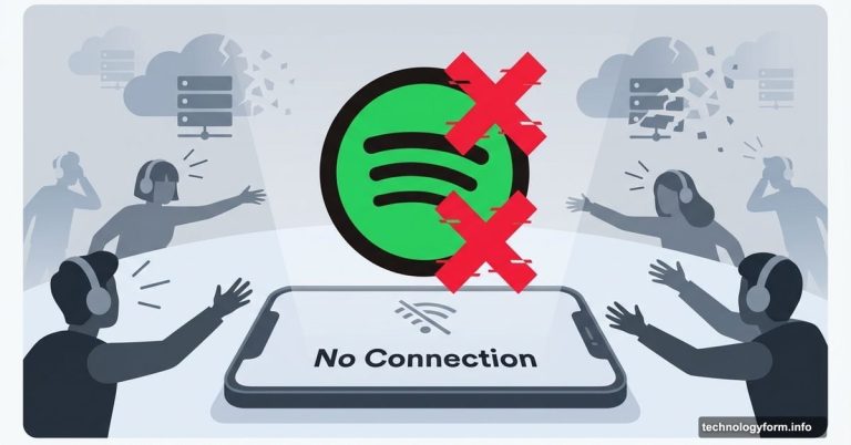 Spotify logo with error symbol, frustrated users, broken cloud servers