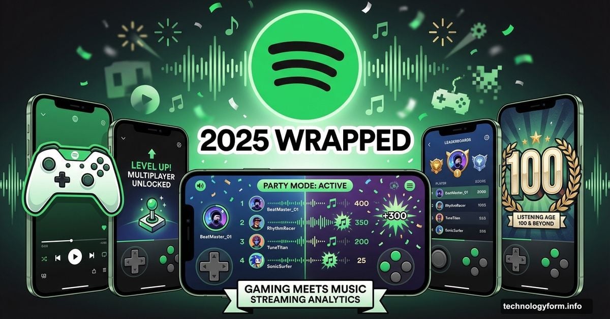 Spotify Wrapped 2025 with multiplayer party game interface and phones