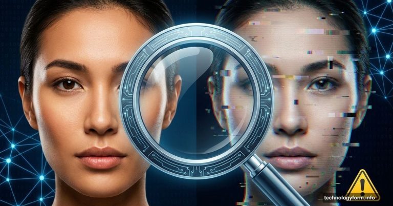 Magnifying glass examining real versus AI-generated deepfake faces side by side