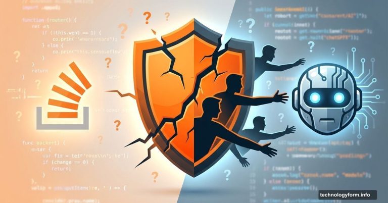 Stack Overflow logo and AI robot separated by broken trust badge symbol