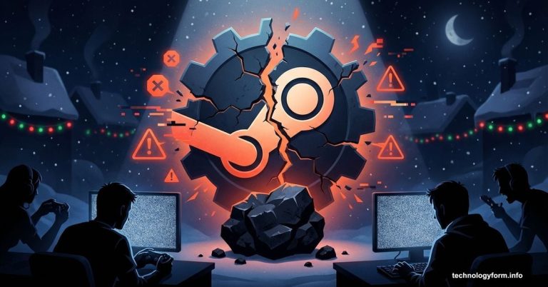 Cracked Steam logo with error symbols on Christmas Eve night