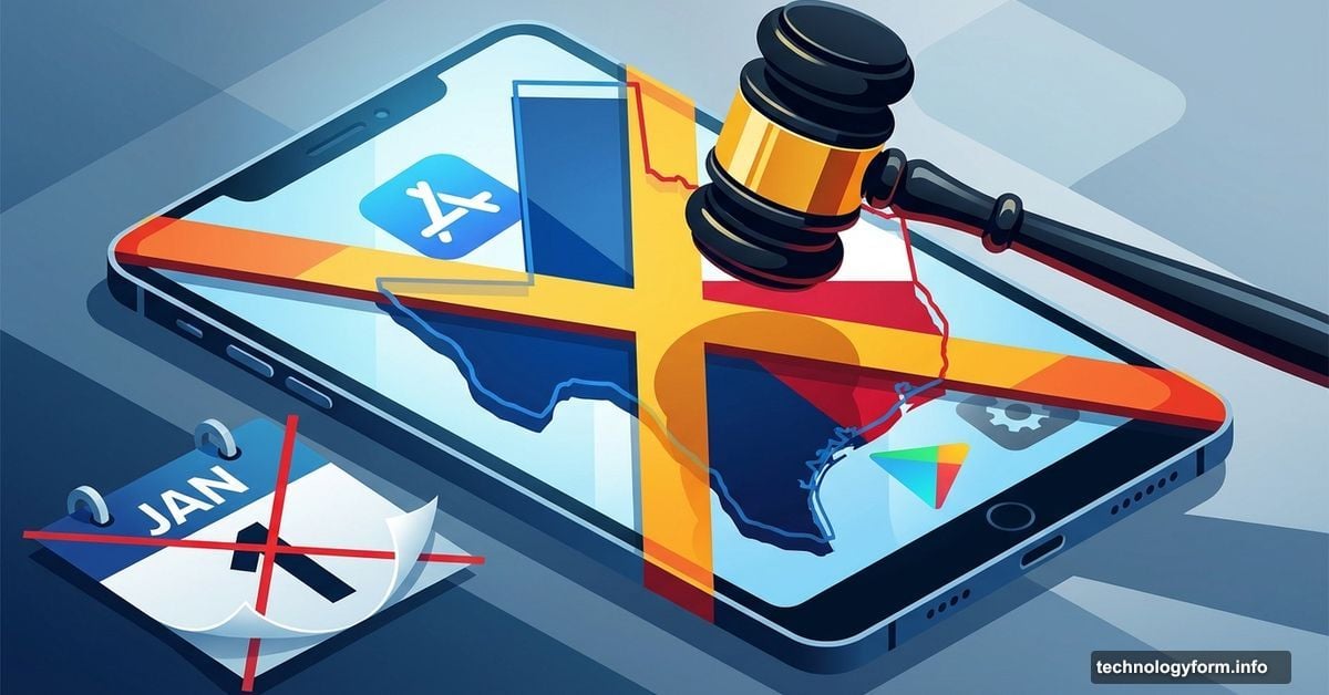 Judge's gavel blocking Texas law over smartphone with app store icons