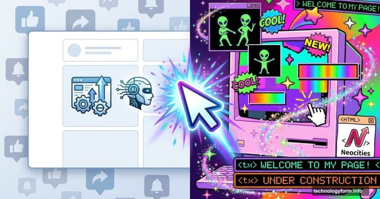 Split screen: sterile modern web versus chaotic colorful indie web revival