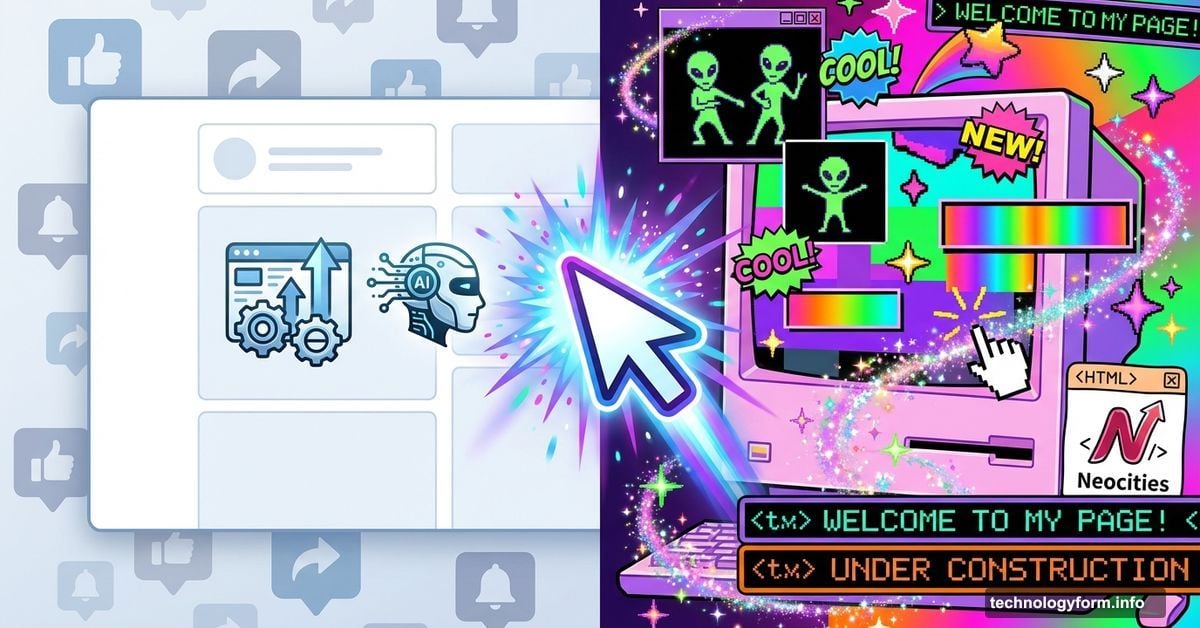 Split screen: sterile modern web versus chaotic colorful indie web revival