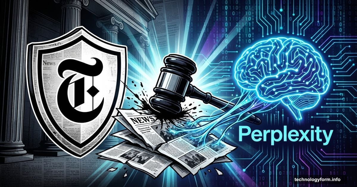 New York Times logo versus AI brain symbol in legal battle over copyright
