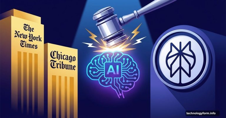 Gavel striking AI brain with newspapers suing Perplexity