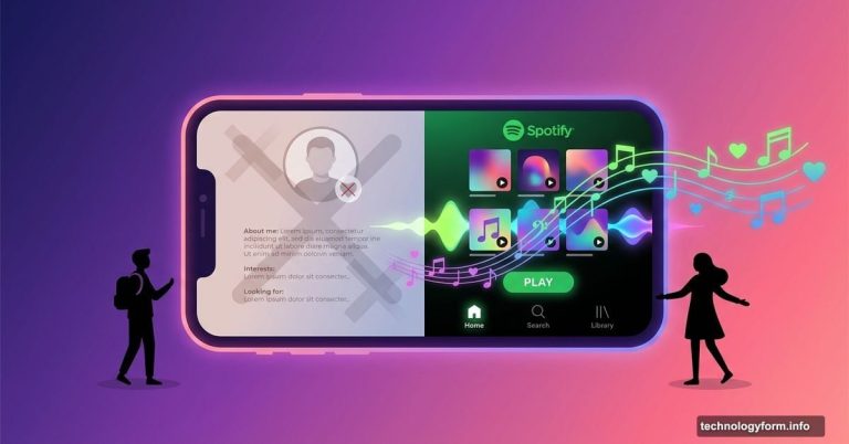 Smartphone showing dating profile transforming into Spotify music interface with hearts