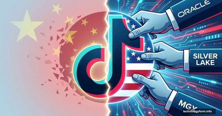 TikTok logo split between Chinese and American ownership with investor hands