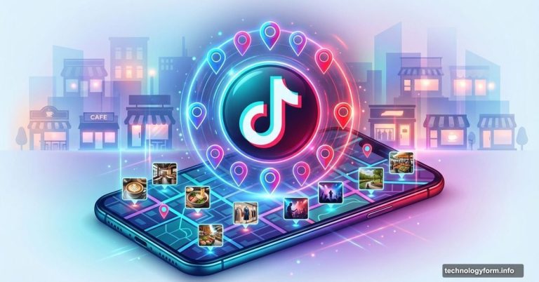 TikTok logo surrounded by location pins and local business discovery interface