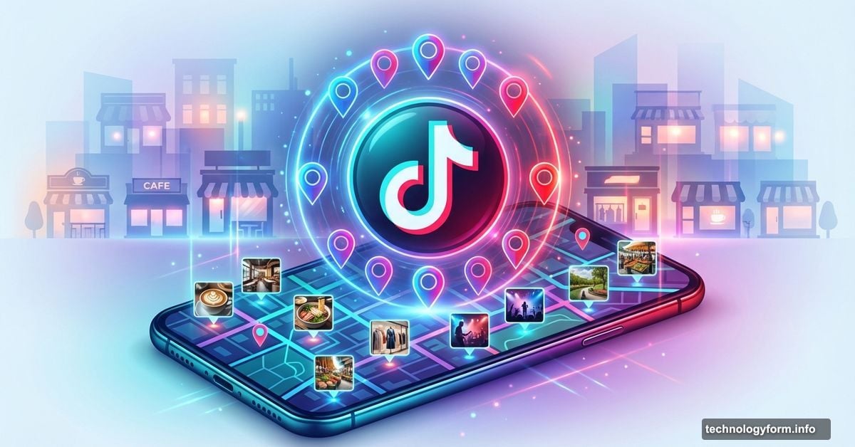 TikTok logo surrounded by location pins and local business discovery interface