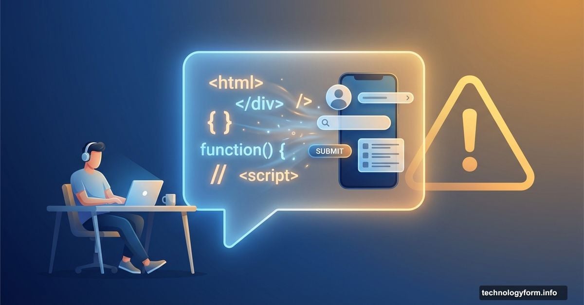 Chat bubble transforming code into working app with warning symbol