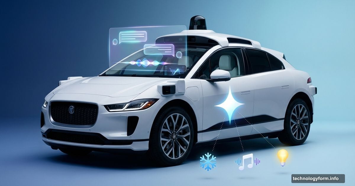 Waymo self-driving car featuring integrated Google Gemini AI assistant interface