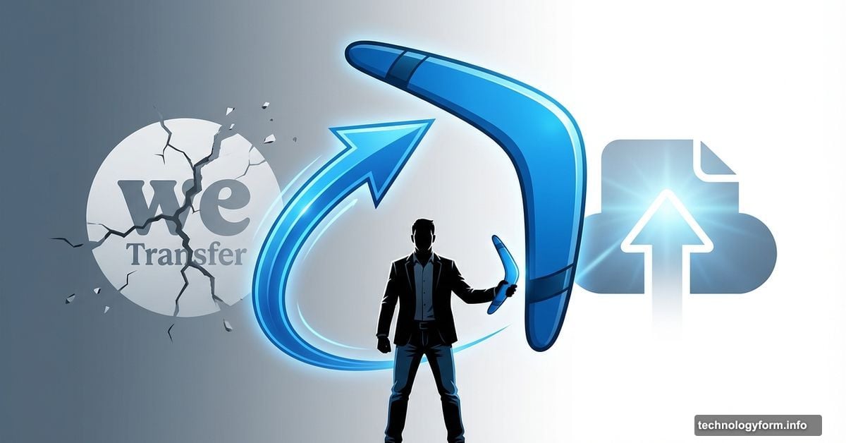 Founder holding boomerang between broken WeTransfer logo and simple upload icon
