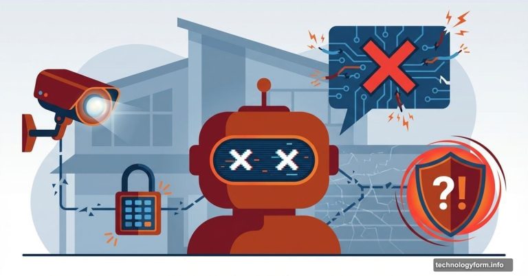 Malfunctioning chatbot with warning symbols beside home security icons