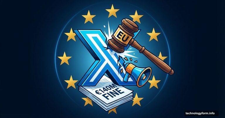 X platform logo struck by EU gavel with fine and broken advertising symbols