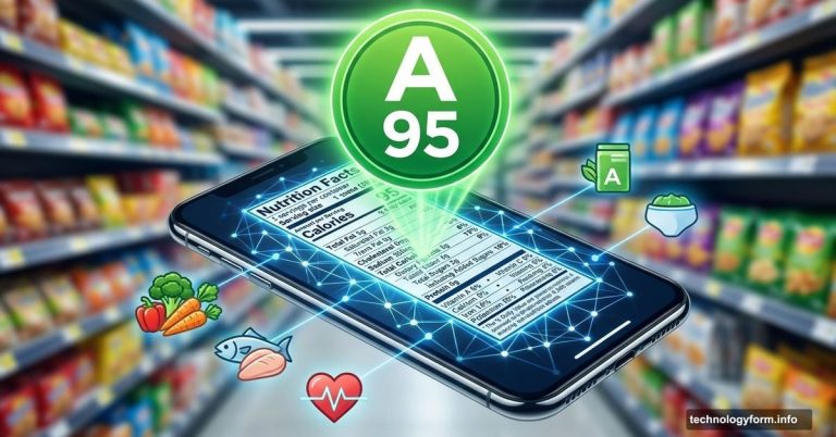 Smartphone scanning nutrition label with AI analysis displaying health score
