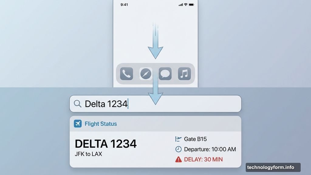 Spotlight Search displays live flight tracking without opening any apps