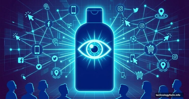 Shampoo bottle with eye symbol surrounded by digital tracking icons